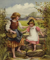 Ein Mädchen hilft einem kleinen Mädchen die Stufen zu einem Bach hinunter